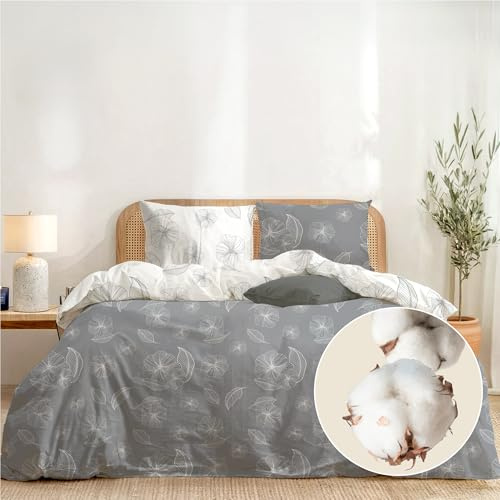 Dreamzie Bettwäsche 200x220 Baumwolle 3-teilig - Ginkgo Grau - 1 Bettbezug 200x220 + 2 Kissenbezug 80x80 - Bettwäsche-Set mit Reißverschluss - Oeko-Tex - Pflegeleicht & Bedruckt