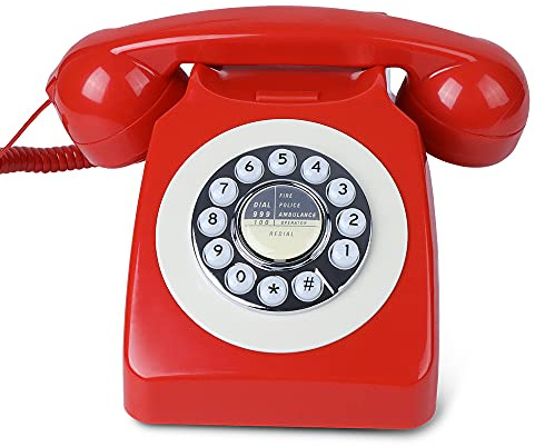 FESTRING Retro Rotary Phone with Push-Button, Landline Phone with Redial Button, Classic Vintage Dial Telephone, Antique Corded Phone for Home and Office (red)