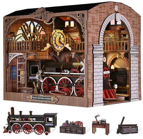 ETKVR DIY Book Nook Kit, Maison de Poupées Miniatures en Bois,Maisons a Construire avec Meubles et lumière LED, Booknook Miniature House Cadeau de Bricolage pour Adultes - Station Réparation Train