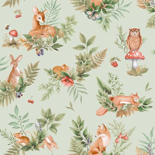 Holden 14121 Livre d'histoires sur le thème de la forêt, amis de la forêt, animaux ludiques, renards, lapins, chouettes, cerfs pour chambre d'enfant, chambre d'enfant, salle de jeux, vert sauge