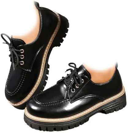 Mocasines de plataforma con cordones y puntera redonda para mujer, tacones de bloque negros y marrones, zapatos casuales de negocios, cómodos, elegantes, zapatos de oficina y trabajo, Black, 44 EU