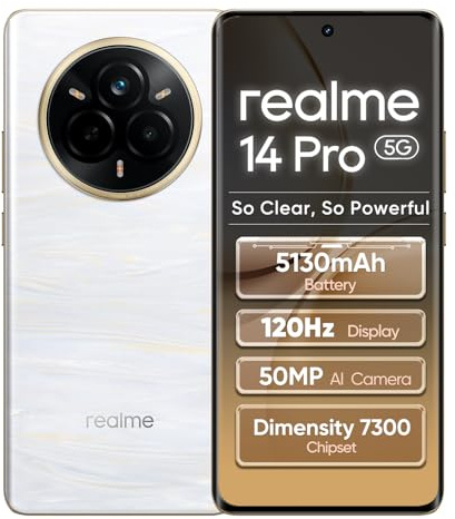 realme 14 Pro 5G Smartphone 8+256GB,Bianco Perla, Schermo curvo da 6.72 pollici, Refresco a 120Hz, Batteria 5130mAh, Fotocamera da 50MP, Dimensity 7300 Energy, Protezione ArmorShell, IP69