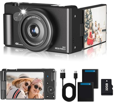 Compact Digital Camera with 270° Flip-Up Screen,Portable Selfie Camera for Photography, 64MP Resolution, 16X Zoom, and 32GB Memory Card