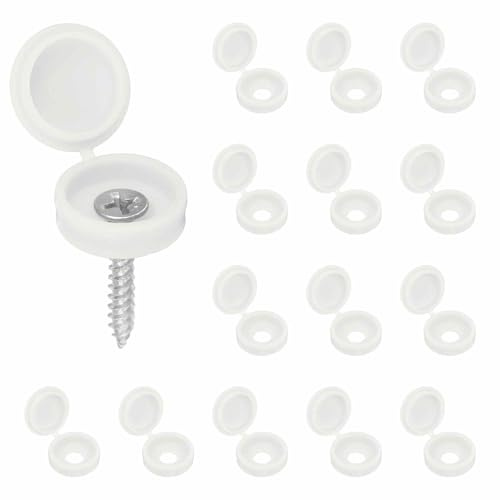 HARFINGTON 200pcs Plastic Hinged Screw Cover Caps 5.9mm / 0.23 Shutter Screw Caps Fold Snap Washer Covers for Windows Outside Railings Furniture, White