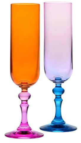 KROSNO – Coloured Champagne and Prosecco Glasses – 2 x 220 ml – Bubble Collection – Pink & Orange – Lead-Free Crystal – Hand-Painted