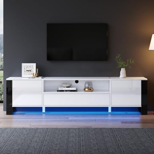 Generisch Meuble TV moderne blanc laqué avec éclairage LED et espace de rangement de 178 cm, pour téléviseurs jusqu'à 70 pouces