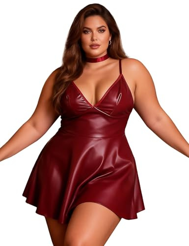 sunshinelady Sexy Lingerie Sets for Women PU Leather Dress V Neck Adjustable Straps Rave Outfits Mini Clubbing Dress Criss Cross Backless Clubwear Christmas Red 4XL