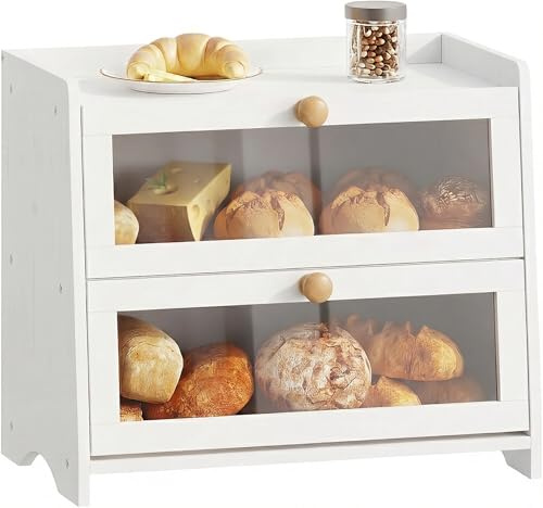 BAMBANG Brotkasten Bambus 2 Etagen Groß,Brotaufbewahrung Frischhalten Brotbehälter Brotschrank Bread Box Holz,Brotaufbewahrungsbox Brotkorb Brotkästen Brotbox Modern Brot Aufbewahrung,Weiß