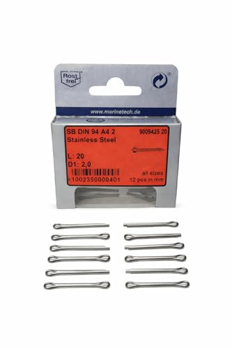 12 Stück Sicherungssplinte 2,0x20mm DIN 94 A4 – Edelstahl V4A AISI316 rostfrei, säure- & seewasserbeständig