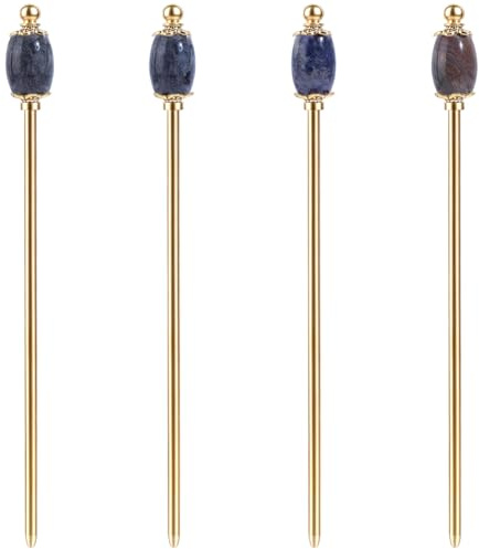 CRAFTYMELODY 4Pcs Natural Gemstone Crown Oval Hair Stick 4 Styles Mixed Stone Hairpins Vintage Hair Chopsticks for Women Brides Elegant Decorative Jewelry Accessories Hair Styling Gifts Golden