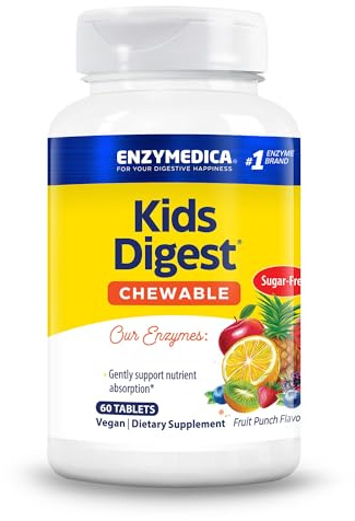 Enzymedica Kids Digest Chewable, Digestive Enzymes for Children, Fruit Punch Flavour, Sugar-Free Chewable Tablets for Kids Digestion, 60 Tablets, Vegan, Gluten-Free, Non-GMO