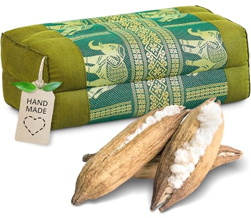 Livasia Coussin Yoga carré Bloc Soie thaï - 17x34x12cm - Coussin de méditation kapok, Coussin de Soutien rectangulaire, Accessoire Yoga Pilates Coussin cale-Nuque, Fait Main (Vert/Éléphants Soie)