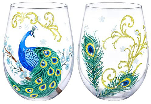 NymphFable Verres à Vin sans Pied Lot de 2 Paon Peints à la Main Cadeau Personnalisé pour Femmes Ami Famille 52CL