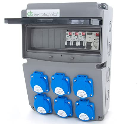 ELS Elektrotechnika Wandverteiler Stromverteiler 6x 230V Schuko Fehlerstromschutzschalter 40A und Leitungsschutzschalter 3xC16A. Baustromverteiler für Indoor/Outdoor-Bereich, Werkstätten und Fabriken.