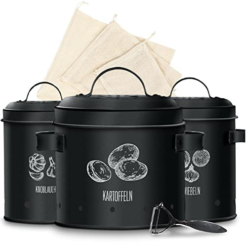 KitchenQuality Kartoffelaufbewahrungsbox | 3er-Set Vorratsbehälter für Knoblauch, Zwiebeln & Kartoffeln | Inkl. Sparschäler & Jutebeutel | Luftdicht & langlebig aus verzinktem Metall