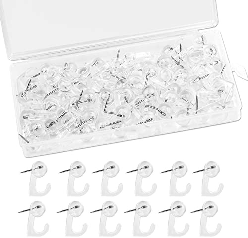 60 Pieces Clear Plastic Thumb Tack Hook, Plastic Heads Pin Tacks Wall Thumb Tacks Hanging Nails Decorative Push Pins Hooks for Cork Bulletin Board Map Photos Calendar, Home Office School Supplies