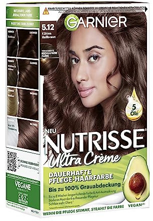 Garnier Nutrisse Crème Cool Browns, dauerhafte Pflege-Haarfarbe, 100% Grauabdeckung, 8 Wochen sanfte Farbe, 5.12 Kühles Hellbraun