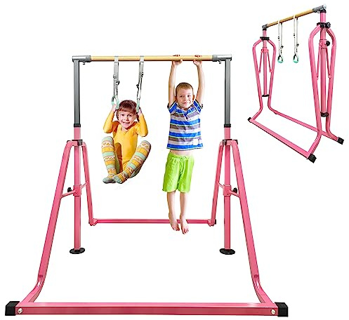 GLANT Gymnastics Bar for Kids with Rings Set, 7 Heights Adjustable Easy Folding Gymnastic Training Bar Kids Monkey Horizontal Bars - Max Load 300LBS (Light Pink)