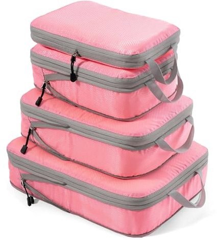 Meowoo Packing Cubes for Travel Compression 4 en 1 Set, Organizador de Maletas para Viaje con Compresión Expandibles Organizador de Equipaje de Impermeable Rosa Bolsas de Viaje para Maletas y Mochila