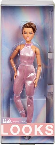 Barbie Looks Puppe, Sammelfigur Nr. 22 mit Pixie-Cut und moderner Y2K-Mode, paillettenbesetzter Pinker Neckholder-Jumpsuit mit silbernen High Heels, HRM14