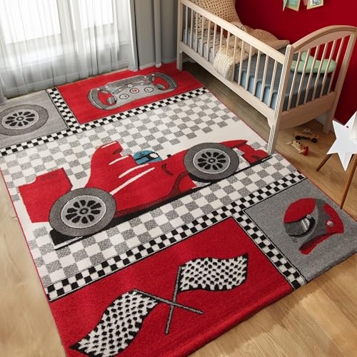Carpettex Kinderteppich Rennwagen Design Rot 160 x 230 cm - Kurzflor Teppich Kinderzimmer für Mädchen und Jungen Pflegeleicht Weich - Waschbarer Spielteppich Babyteppich Gaming Teppich Babyzimmer