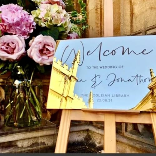 Pahdecor Individuelles modernes minimalistisches goldenes Hochzeitsschild, personalisierbar, goldfarben, Spiegel, rechteckig, Hochzeit, Willkommensschild, Hochzeit, Tischdekoration