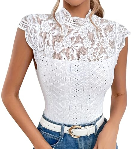 Odizli Top in pizzo da donna estivi eleganti sexy con maniche corte collo alto fiore pizzo trasparente schiena scoperta aderenti top in pizzo, bianco, S