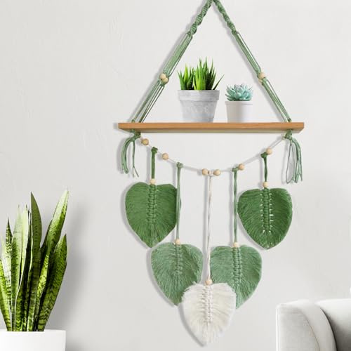 Lieson Vägghylla i trä, makramé, hylla, boho, väggdekoration, hängande hylla, hängande gröna blad, tofsar, makramé, handvävd svävande hylla för badrum, vardagsrum, barnrum, balkong