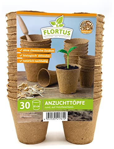 FLORTUS – 30 Stück Anzuchttöpfe Ø 10 cm rund auf Holzfaser Basis – nachhaltige Pflanztöpfe zur Pflanzen Anzucht von Samen & Setzlingen – Saattöpfe 100% torffrei & biologisch abbaubar