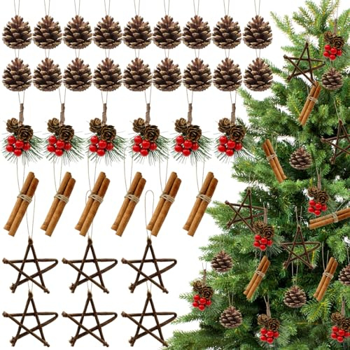 36 Stück Weihnachtsbaumschmuck, natürliche Tannenzapfen, rustikale Ornamente, Zimtstäbe, Holzstern, Rahmenhaus, Weihnachtsdekoration zum Aufhängen, für Weihnachtsbaum, DIY, Zuhause,
