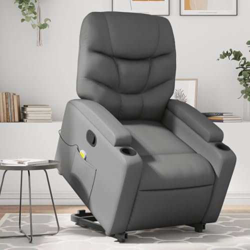 Homgoday Massagesessel mit Aufstehhilfe, Aufstehsessel Fernsehsessel Relaxsessel mit Liegefunktion, Ruhesessel Seniorensessel TV Sessel Polstersessel für Wohnzimmer Grau Kunstleder