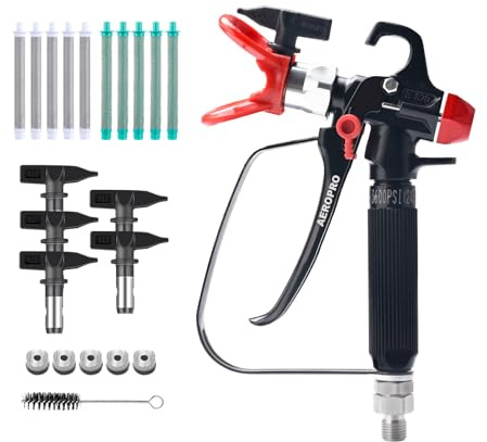 AEROPRO Tools Pistolet pulvérisateur de peinture sans air avec 5 embouts de pulvérisation et 10 filtres, joint pivotant haute pression 3600 PSI pour la maison, les murs intérieurs et extérieurs, les
