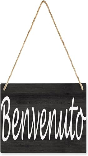 Benvenuto Holzschild zum Aufhängen, italienisches Willkommensschild, Wandkunst, Dekor, dekoratives Schild für Haus, Familie, Wohnzimmer, Schlafzimmer, Küche, 33 x 33 cm