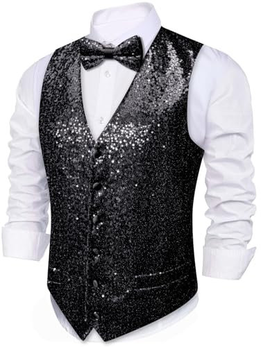 Barry.Wang Män paljett glänsande väst fluga set glittrande vardaglig kostym väst festival disco fest bal, Svart paljett, M