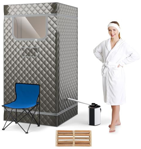 RELAX4LIFE Sauna Portátil 3L con Mando a Distancia y Silla Plegable, Sauna de Vapor con 9 Niveles de Temperatura, Temporizador 15-90 Min y Función de Nebulización, Mini Sauna 1000W (Gris)