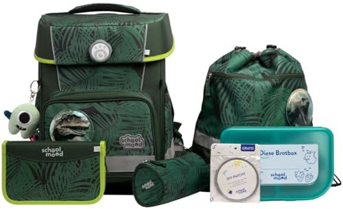 SCHOOL-MOOD Champion Pro Daniel Dinosaurier Schulranzenset 7-teilig 21,5L Stauraum, ergonomisches Easy Fit System für 1 m bis 1,50 m Körpergröße, standfest, wasserabweisender Stoff mit Reflektoren