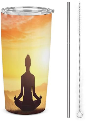 Stanley Kaffeetassen mit Deckel, Autobecher, trocknerversiegelt, doppelter Trinkdeckel, Edelstahl-Trinkhalm, Yoga, Meditation, bedruckte Tassen, passt in Auto-Becherhalter (590 ml)