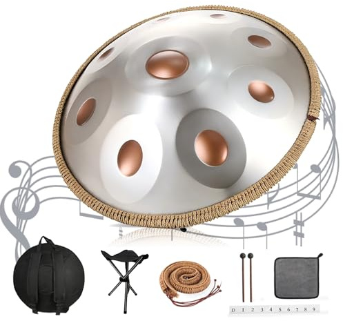 Handpan 440 Hz, 9 Töne 22 Zoll Steel Instrument, Handpan Drum Gold in D Minor Zungentrommel mit Weicher Tasche, Schlägeln, Handtrommelständer (Silver, 9 Töne 22 Zoll)