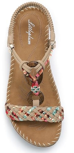 Littleplum Sandalen Damen Freizeit Flach Sandalette Handarbeit mit Strass Perlen Bohemia Strand Schuhe,A Beige 42 EU