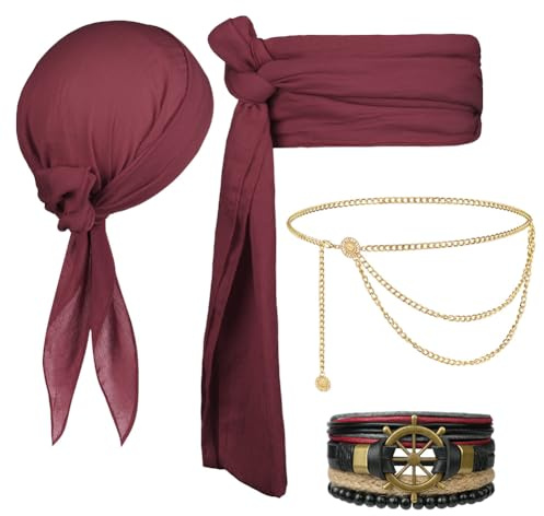 Alaoo Set med tillbehör till piratdräkt, piratkaptensaccessoarer, bandana, bälte, medeltida/renässans-piratdräkt för halloweenfest med pirattema, vinrött, 4 delar