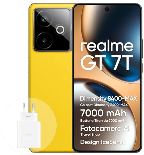 realme GT 7T Smartphone 5G 12+256 GB, chipset Dimensity 8400-MAX, batteria Titan da 7000 mAh, Display da 6,78 1.5K 120Hz, fotocamera AI Travel Snap, IP69, IceSense Amarillo