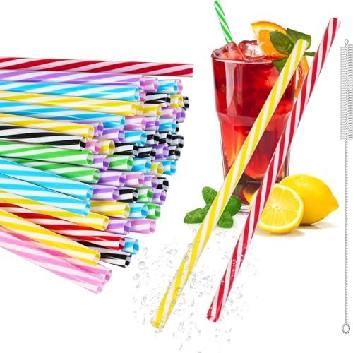 50 Pcs Plastic Straws, Reusable Plastic Straws, Candy-Striped Drinking Straws with Cleaning Brush, Drinking Straws for Smoothies, Juice, Cocktail, Hot Drink (7.5mm*230mm)