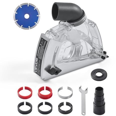 VEVOR Absaughaube Winkelschleifer, universelle 100-125 mm, Staubschutzhaube mit 6 Klemmscheiben & 125 mm Diamant-Schleiftopf, einstellbare Schnitttiefe, Anschluss an Staubsauger, transparent