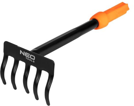 NEO TOOLS Piccolo rastrello da giardino a 6 denti per sistema NEO Click – Rastrello compatto in acciaio al carbonio di alta qualità | Strumento da giardino versatile per una lavorazione precisa del