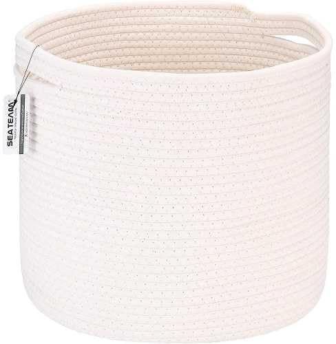 Sea Team Cesto Grande per Biancheria Bicolore Intrecciato con Manici per Abiti, Giocattoli, Asciugamani - 38x38x33cm, Cesto Stile Casa Elegante