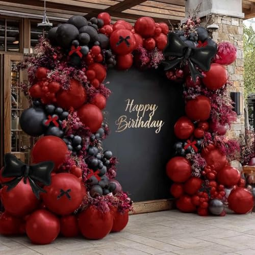 Dark Red Black Balloon Arch Kit with Bow, Double Stuffed Burgundy Black Red Maroon Balloon Garland for Birthday Baby Shower Anniversary Wedding Graduation Valentine‘s Day Party Decoration