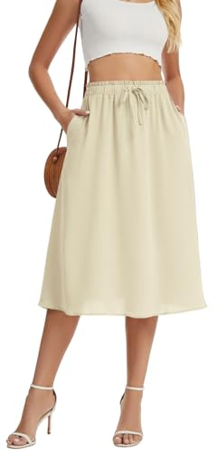 WUWUSKY Women's Skirts Elastic High Waist Flowy Midi Skirt Summer Casual Elasticated A Line Skirts with Pockets,Apricot,M