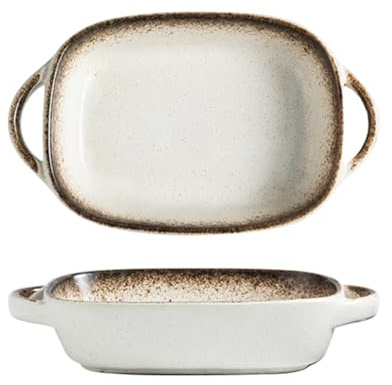 Dxcaicc Plato De Lasaña Cerámica Serie Negra Set De 2 Piezas Liso Delicado Japonés Retro Doble Asa Cómodo Al Tacto Bandeja De Horno para Hornos,White Brown