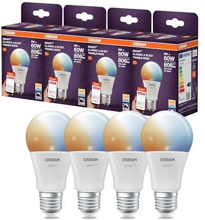 OSRAM Lampada LED SMART A60, forma lampadina E27, 9W ZigBee 3.0, bianco regolabile 2700-6500K, dimmerabile, Alexa, Google Assistant,4-Pack