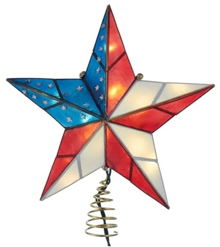 Kurt Adler 10-Light LED Capiz American Flag Inspired Star Tree Topper, 5-Point, 9.8”